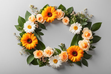 Beautiful floral wreath on grey background, top view. Space for textの素材