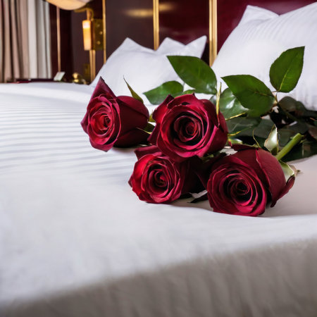 Wedding bouquet of red roses on a bed in a hotel roomの素材