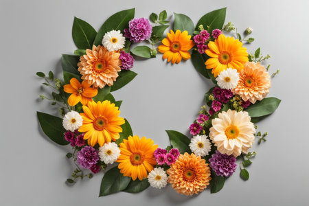 Beautiful floral wreath with flowers on grey background, top viewの素材