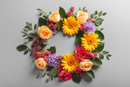 Beautiful floral wreath on grey background, top view. Space for textの素材