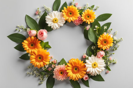 Wreath made of beautiful flowers on grey background, top view. Space for textの素材