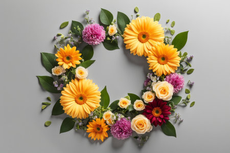 Beautiful bouquet of different flowers on grey background, top viewの素材