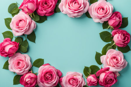 Flowers composition. Frame made of pink roses on blue background. Flat lay, top view, copy spaceの素材