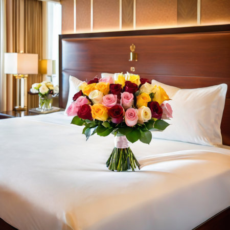 Wedding bouquet of roses on the bed in the hotel roomの素材