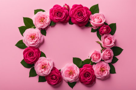Frame made of beautiful pink roses on pink background, top view. Space for textの素材