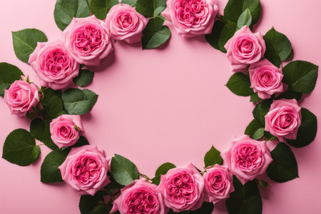 Frame made of beautiful pink roses on pink background, top view. Space for textの素材