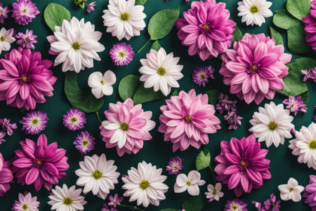top view of pink and white dahlia flowers on green backgroundの素材