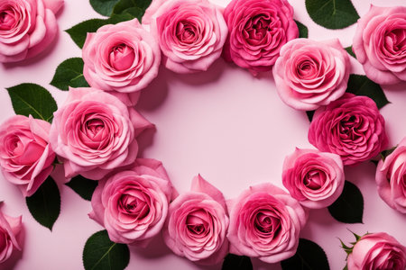 Frame made of beautiful pink roses on pink background, top view. Space for textの素材