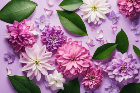 Flowers composition. Colorful dahlia flowers on purple background. Flat lay, top view, copy spaceの素材