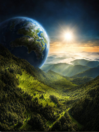 Earth planet on the background of a beautiful mountain landscape. Elements of this image furnished by NASAの素材