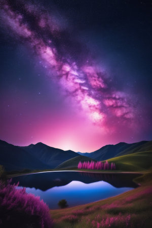 Beautiful night landscape with starry sky and milky way over lakeの素材