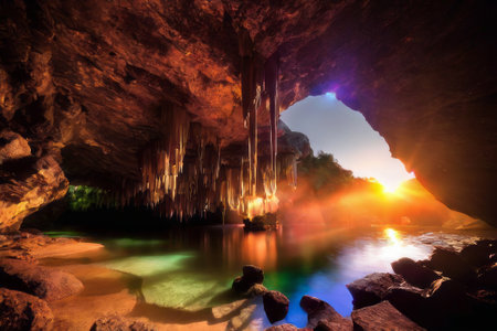 Beautiful view of the cave with crystal clear water and sunlight.の素材