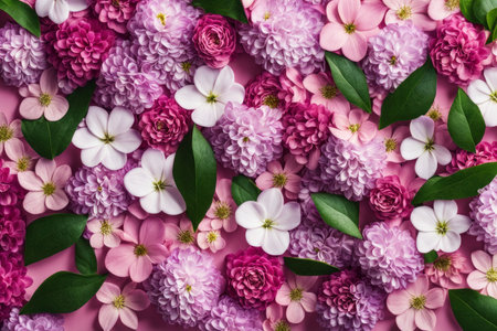 Flowers composition. Frame made of pink flowers and green leaves on pink background. Flat lay, top view, copy spaceの素材
