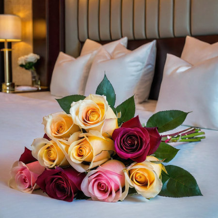 Wedding bouquet of roses on a bed in a hotel roomの素材