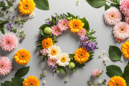 Beautiful flowers and leaves on grey background, flat lay. Space for textの素材