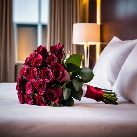 Wedding bouquet of red roses on a bed in a hotel roomの素材
