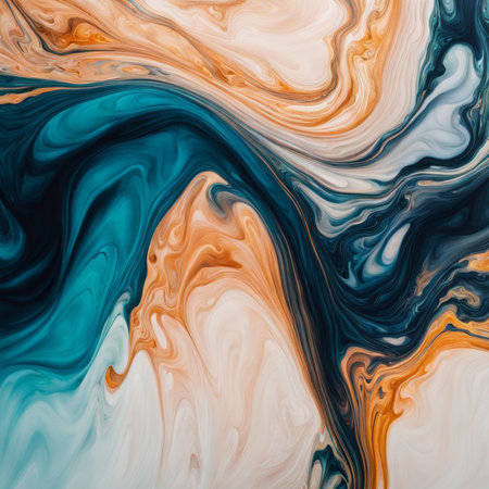 Abstract background of acrylic paint in blue and orange tones. Liquid marble textureの素材