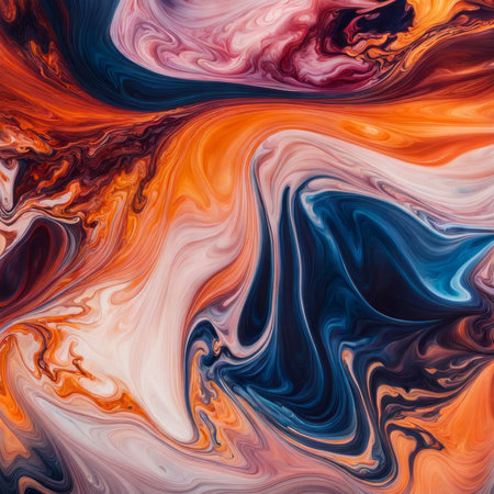 Abstract background of acrylic paint in blue, orange and black tones. Liquid marble textureの素材