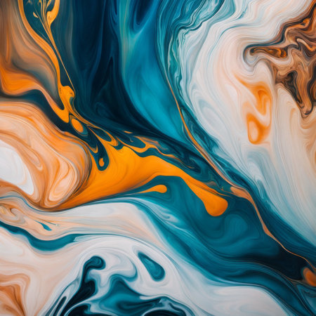 abstract background with blue, orange and yellow paint mixing in waterの素材