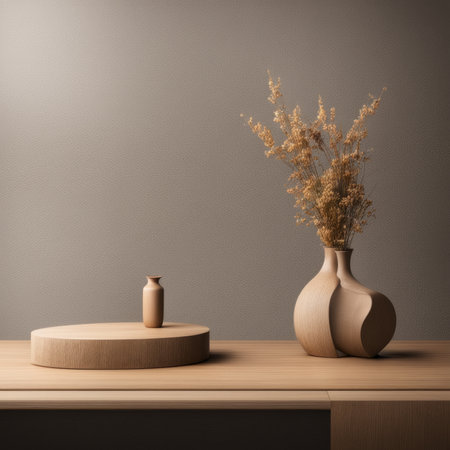 Wooden table and vase with dried flowers. 3d renderの素材
