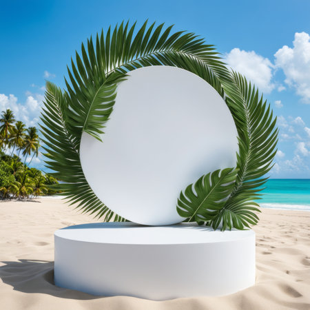 3d render of white round podium on the beach with palm leavesの素材