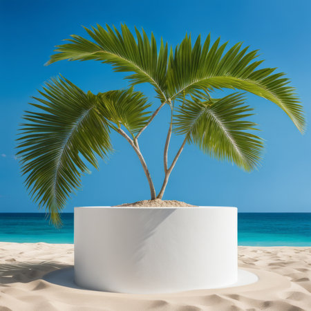 3d render of white podium with palm tree on the sand beachの素材
