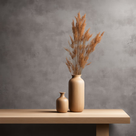 Vase with dry pampas grass on wooden shelf and concrete wall backgroundの素材