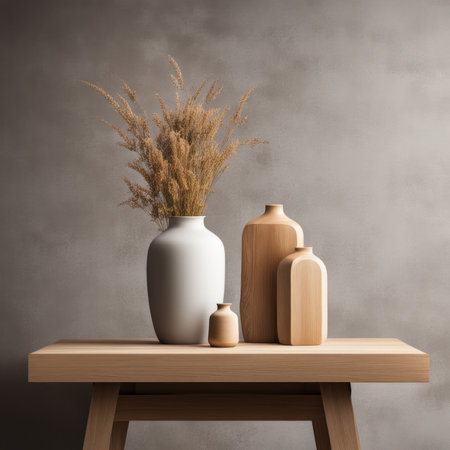 Wooden shelf with vase and cosmetic products on grey wall backgroundの素材