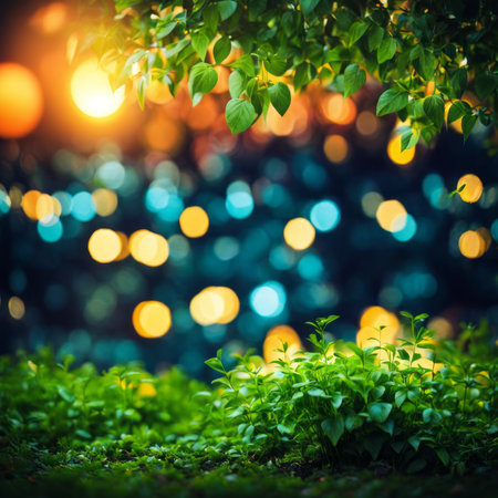 Beautiful bokeh background. Green leaves on the blurred background.の素材