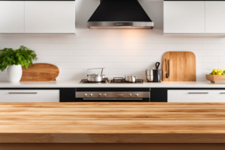 Wooden table in front of modern kitchen interior. Mock up, 3D Renderingの素材