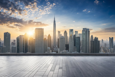 empty brick floor and modern city skyline in shanghai at sunsetの素材