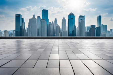 empty brick floor and modern city skyline in shanghai,Chinaの素材