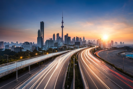 urban traffic with cityscape in shanghai at sunset,China.の素材