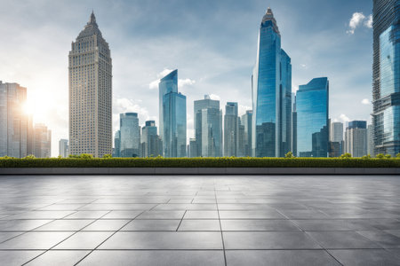 empty brick floor and modern city skyline in shanghai,Chinaの素材