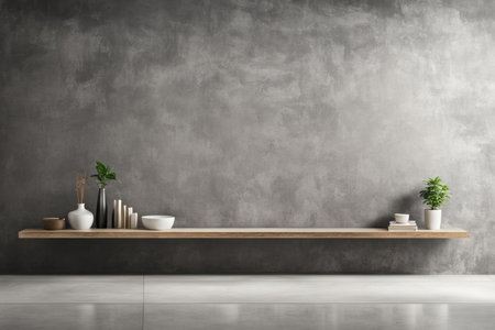 Interior of modern living room with concrete wall, concrete floor and wooden shelf with ceramic dishes. 3d renderingの素材