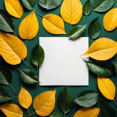 Creative layout made of autumn leaves on green background. Flat lay, top view, copy spaceの素材