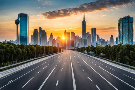 Asphalt road and modern city skyline at sunset in Shanghai,China.の素材