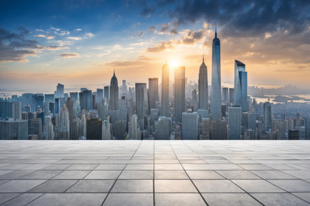 Empty floor with modern cityscape and skyline at sunset in Shanghai,China.の素材