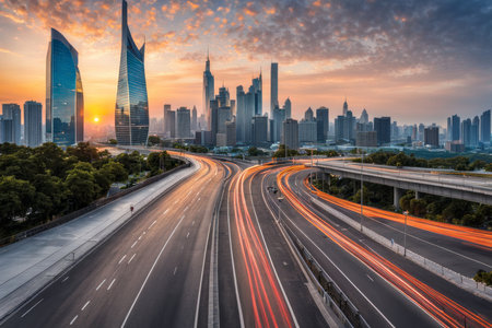 the light trails on the modern building background in shanghai china.の素材