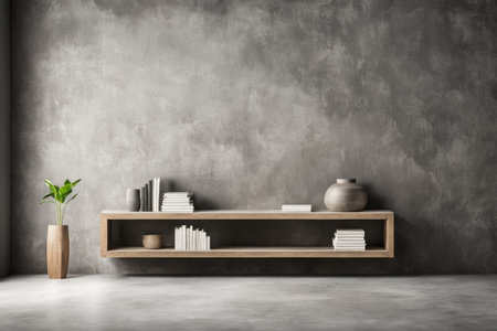 Wooden shelf with books and vase on concrete wall background. Mock up, 3D Renderingの素材