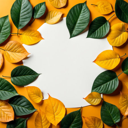 Colorful autumn leaves on orange background. Flat lay, top viewの素材