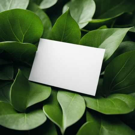 Blank business card on green leaves background. Mockup for branding identity.の素材