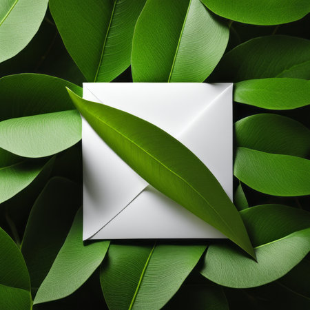 Envelope with green leaves on dark background. 3d renderingの素材