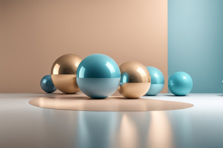 3d rendering of abstract geometric forms. Glossy golden and blue balls in empty roomの素材