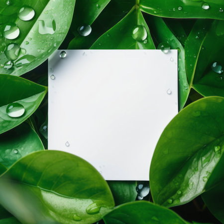 Blank card with water drops on green leaves. Nature background.の素材