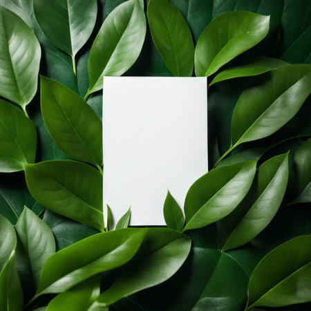 Creative layout made of green leaves with blank card. Flat lay. Nature concept.の素材