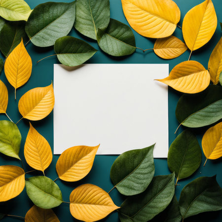 Creative layout made of autumn leaves with white card on blue background. Flat lay, top viewの素材
