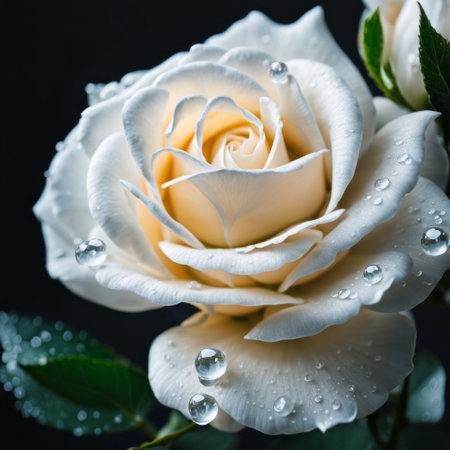 Beautiful white rose with water drops on black background, closeupの素材