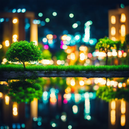 Night cityscape with reflection in the water. Bokeh backgroundの素材