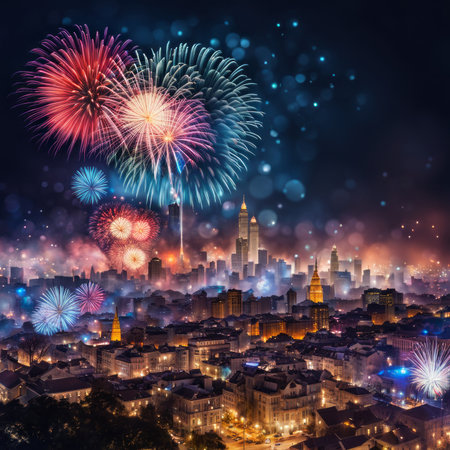 Fireworks over Bangkok cityscape, Thailand. Celebration and travel concept.の素材
